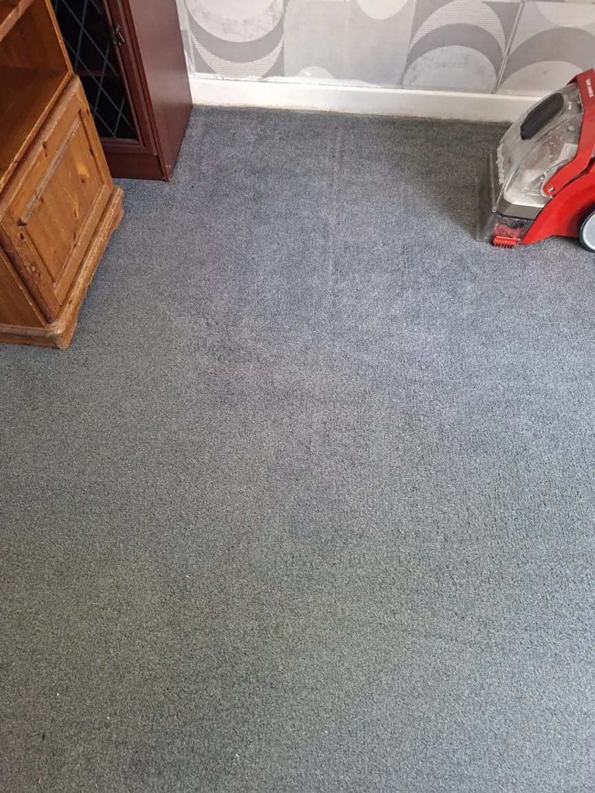 Grey carpet beside a wooden cabinet and a red carpet-cleaning machine