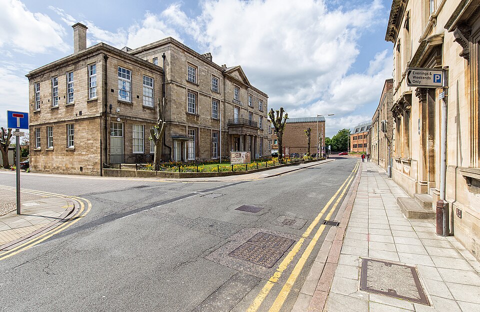 The historic facade of Peterborough Museum and Art Gallery on Priestgate
